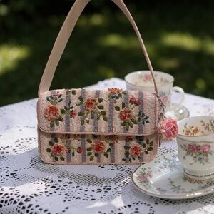 Beaded Pink Floral Shoulder Bag with bag charm